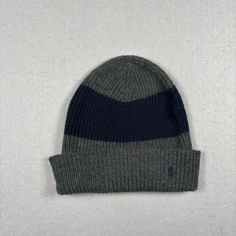 Polo Ralph Lauren Ribbed Knit Cuffed Beanie Hat Grey Navy Blue Embroidered Pony